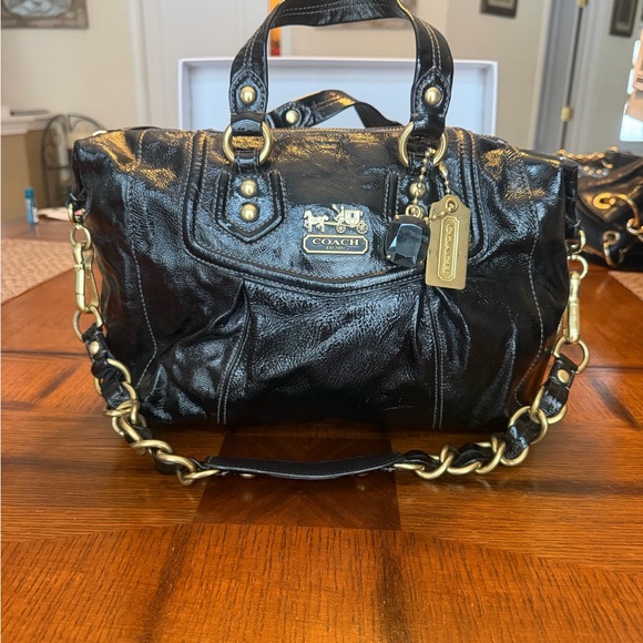 Coach Shiny Black Leather Medium Satchel with Gold Accents - Picture 3 of 5
